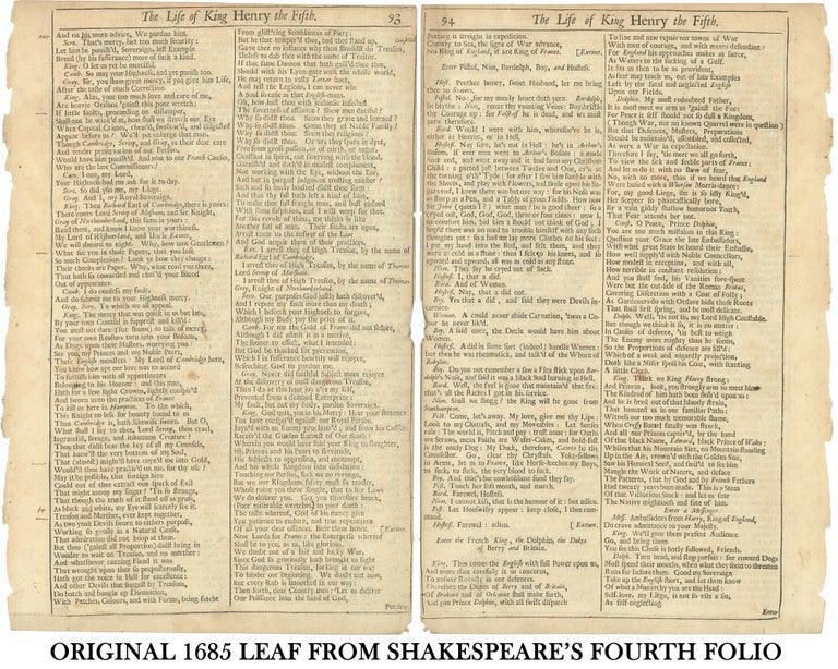 Item #311056 King Henry Fifth Original Leaf from Fourth Folio, 1685. William Shakespeare.