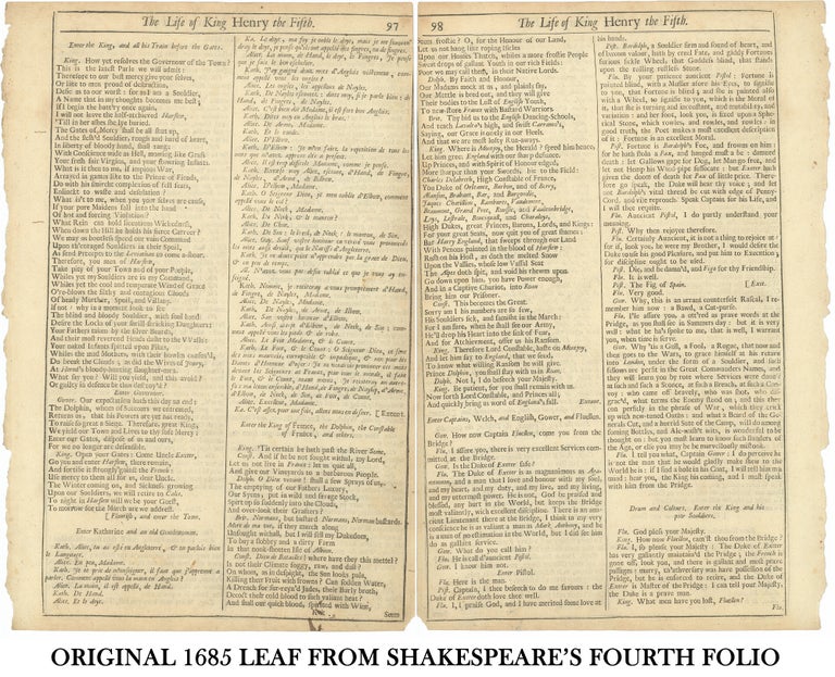 Item #311058 King Henry Fifth Original Leaf from Fourth Folio, 1685. William Shakespeare.