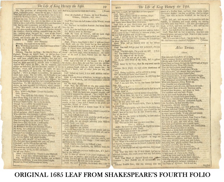 Item #311059 King Henry Fifth Original Leaf from Fourth Folio, 1685. William Shakespeare.