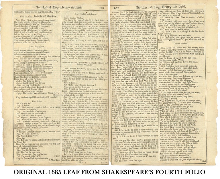 Item #311060 King Henry Fifth Original Leaf from Fourth Folio, 1685. William Shakespeare.