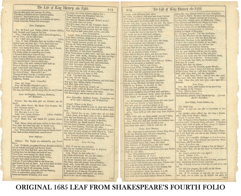 King Henry Fifth Original Leaf from Fourth Folio, 1685. William Shakespeare.